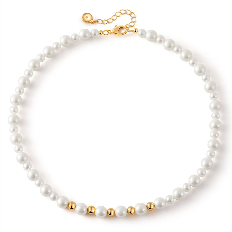 Handmade Pearl Shell Bead Necklace Vintage Versatile Elegant Women's Geometric Pattern Copper Jewelry Accessories Necklace