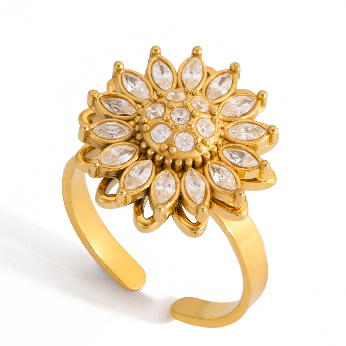 Women's Classic Style / 18K Gold 304 Stainless Steel With Rhinestone Flower Cross Rotatable Open Ring Geometric Asymmetric Mixed Color Vacuum Electroplated Zircon