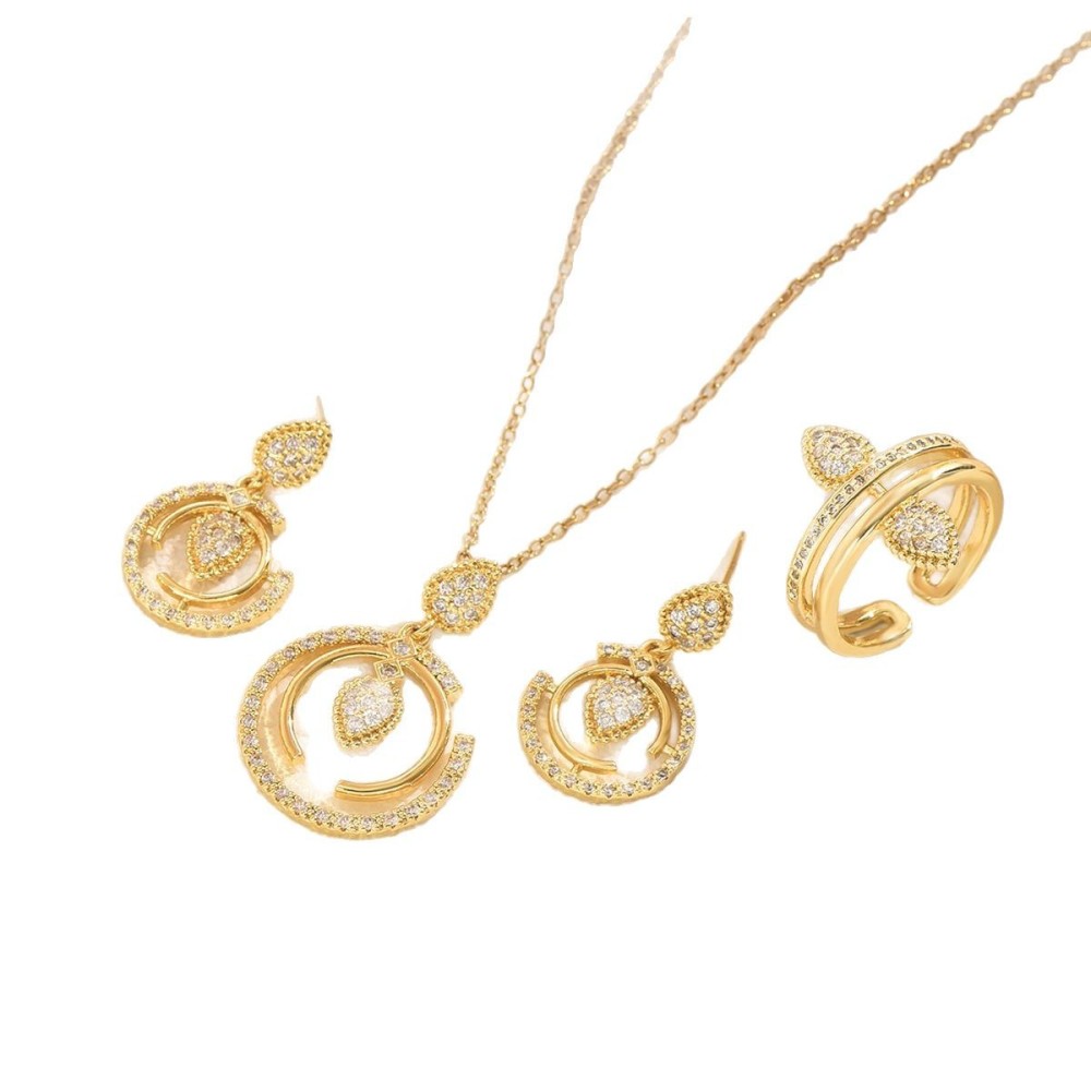 Elegant Circle Layered Necklace Earrings Ring Set Gold Fine Chain Zircon Design Fashion Jewelry Stainless Steel Accessories