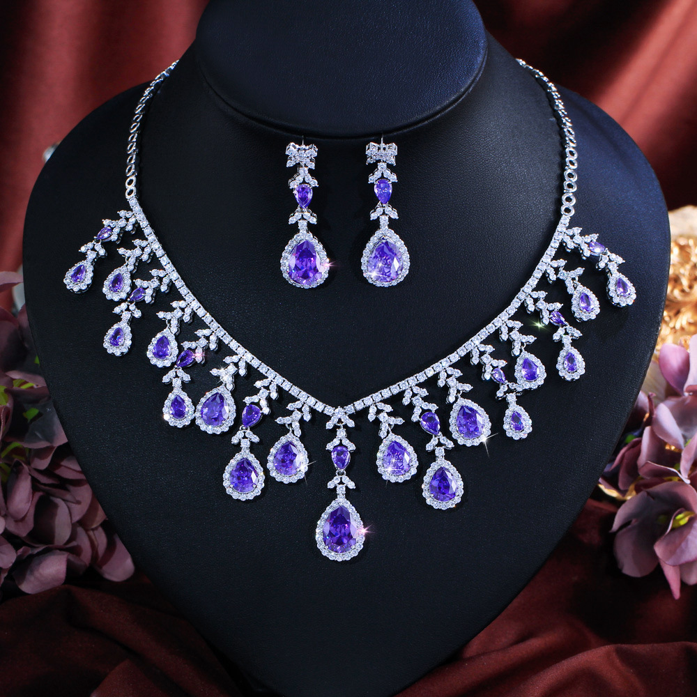 Luxurious Purple Zircon Copper Jewelry Set Necklace And Earrings Wedding Dress Accessories For Women Suitable For Weddings Or Banquets