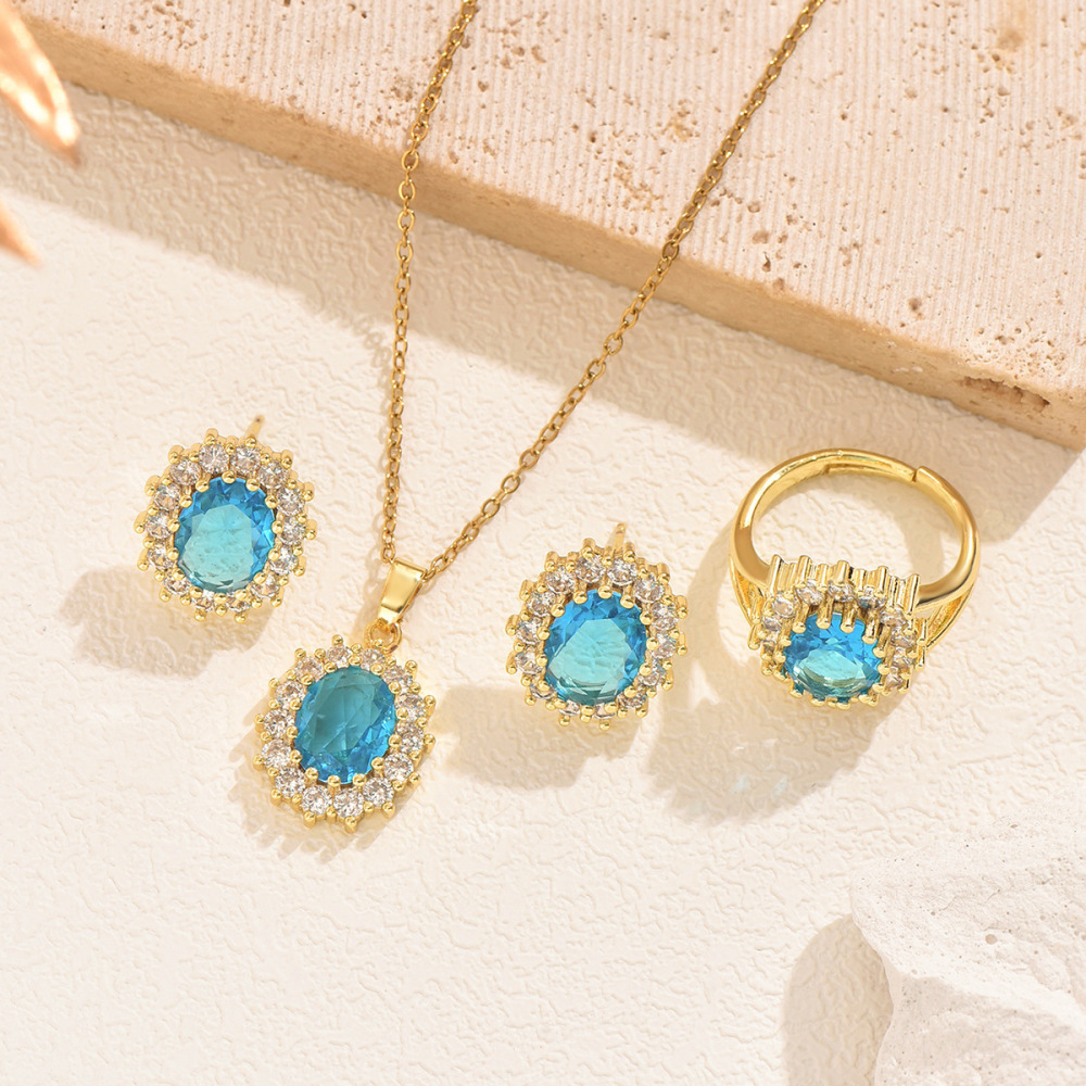 Elegant Blue Zirconia Jewelry Set  Style Necklace Earrings Rings Stainless Steel Luxury Accessories