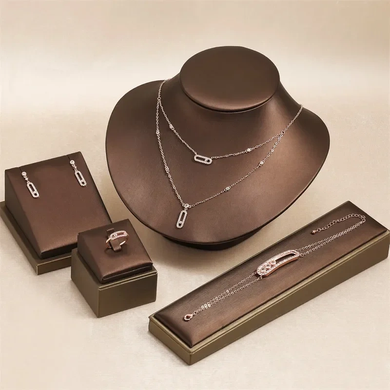 Classic Double Layer Geometric Necklace Earrings Ring Bracelet Set Luxury Fashion Jewelry Accessories For Women