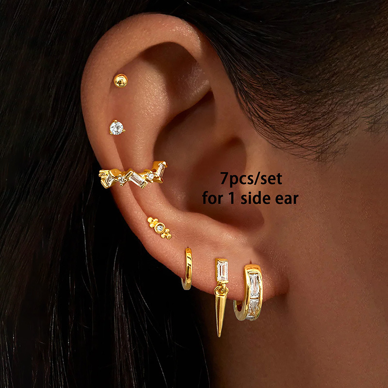 Minimalist Zircon Earrings Women's Set Simple Pierced Hoop Clip-on Earrings Jewelry Accessories
