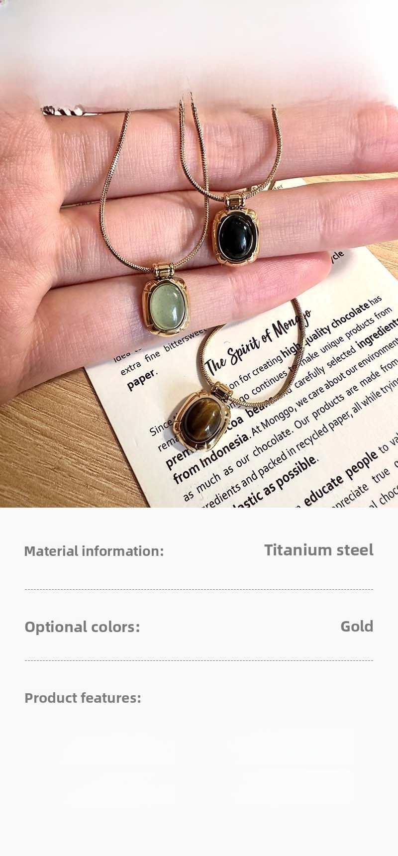 Tiger Eye Stone Black Agate Green Sapphire Pendant Necklace Titanium Steel Plated 18K Gold Geometric Elements Women Choker