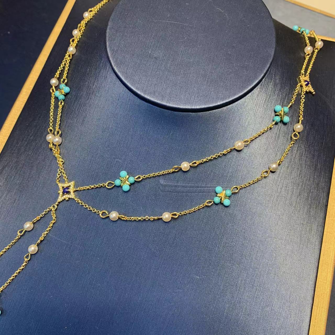Elegant Green Turquoise Pearl Necklace For Women With Four Leaf Clover Tassel Clavicle Chain Simple Geometric Design Jewelry