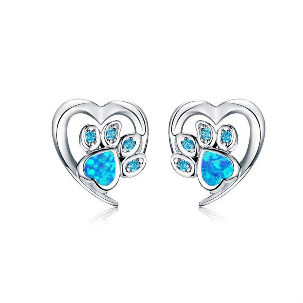 Adorable Girl's Dog Paw Opal Earrings Bohemian Floral Print Simple Style Copper Jewelry Accessories Ear Rings