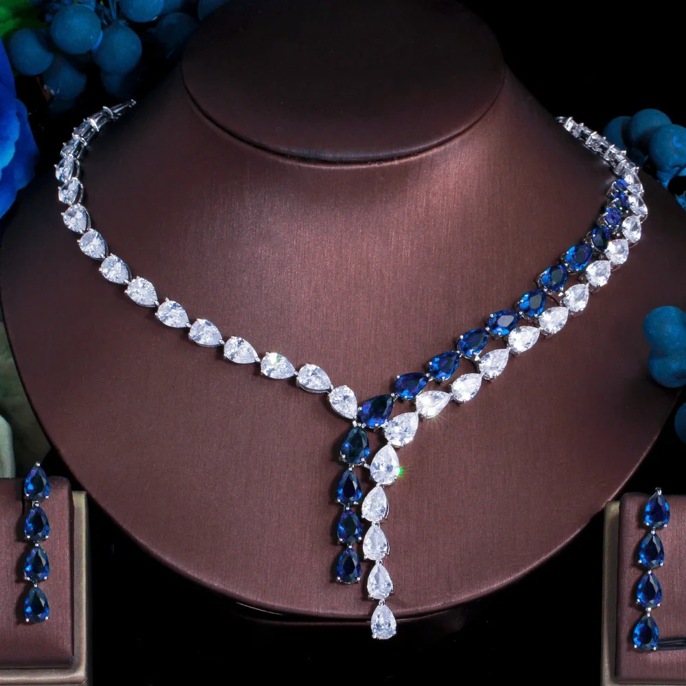 Copper Material Water Plating Simple Two-tone Splicing Water Drop Zircon Women's Necklace Earrings Set Chain Wedding Jewelry Safety Clasp 2-piece Set
