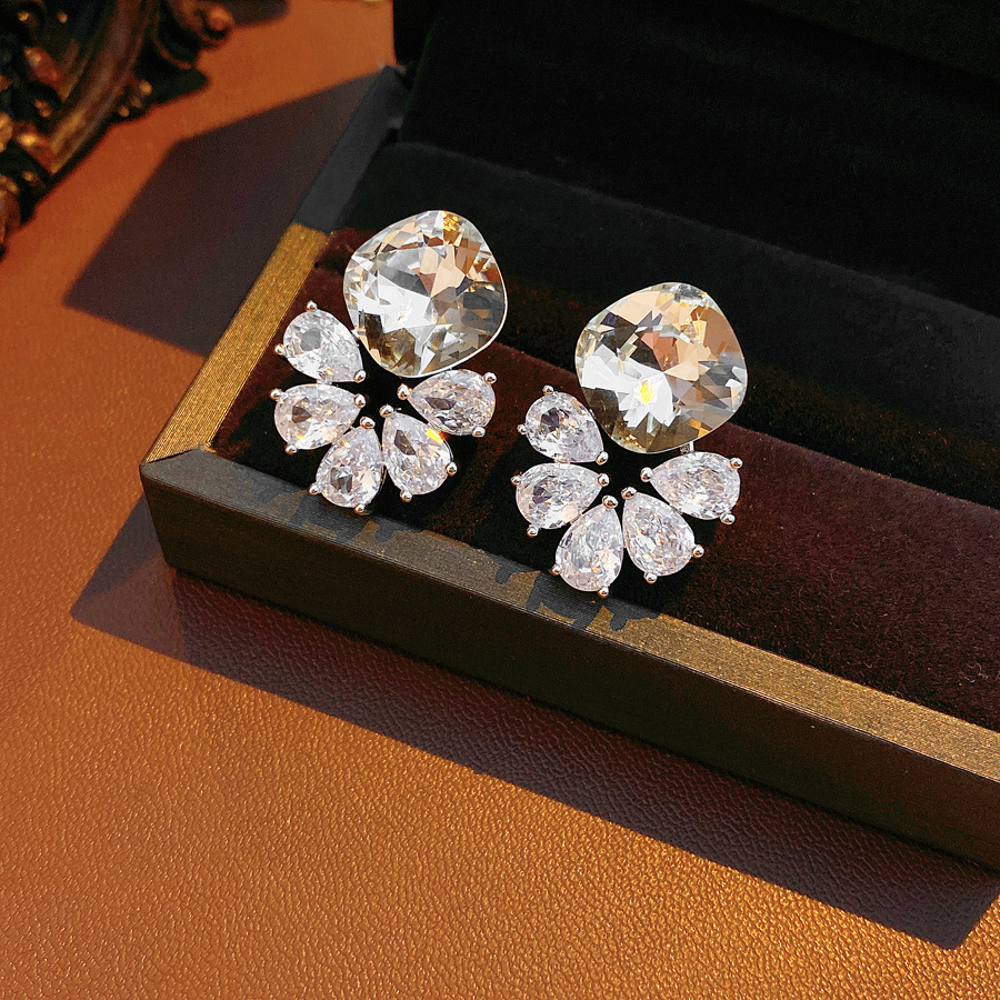 Silver Zircon Flower Water Drop Earrings Simple Iron Post Women's Jewelry Accessories