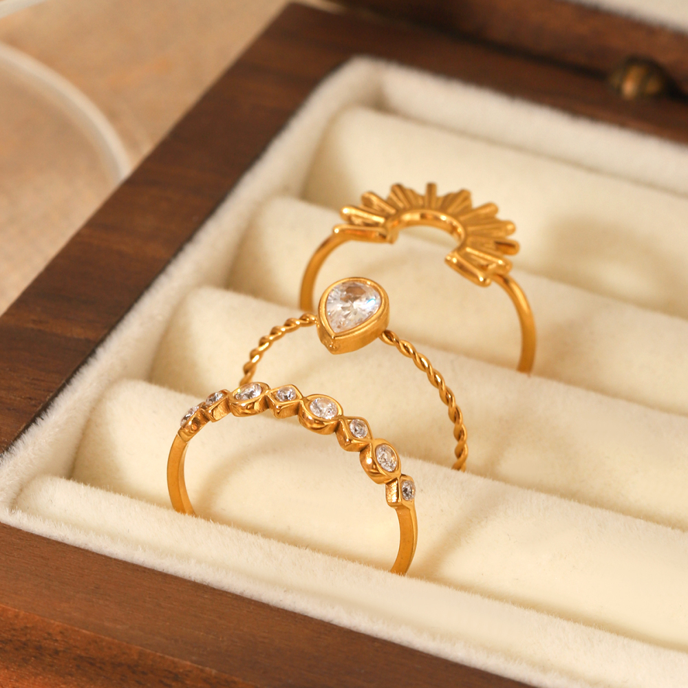304 Stainless Steel Crown PVD Coated Zircon 18K Real Gold Plated IG Style Luxurious Waterproof Non Tarnish Gold Rings