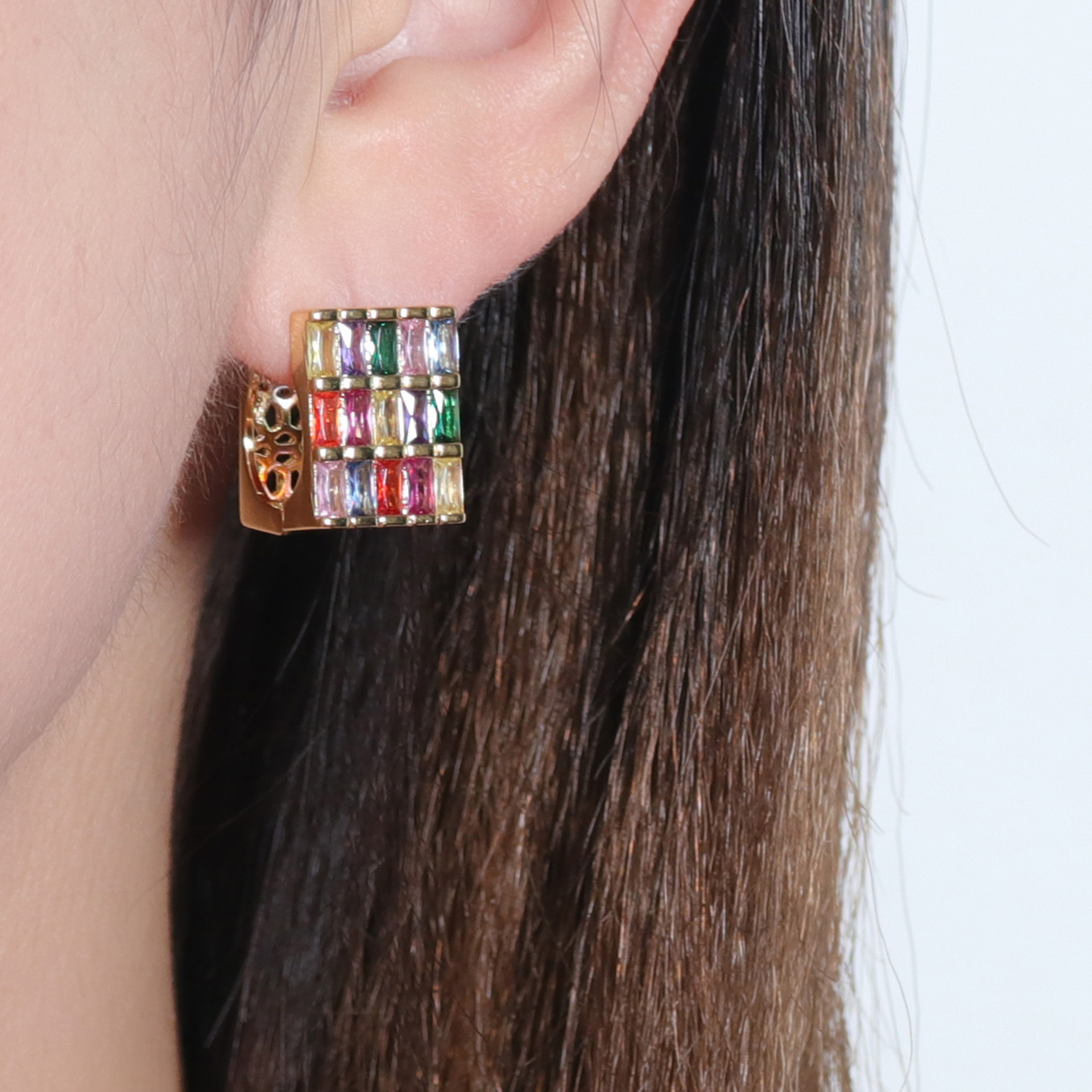 Elegant Geometric Pattern Zircon Earrings Colorful Square Heavy Work Gold Plated Luxury Women's Fashion Jewelry Accessories