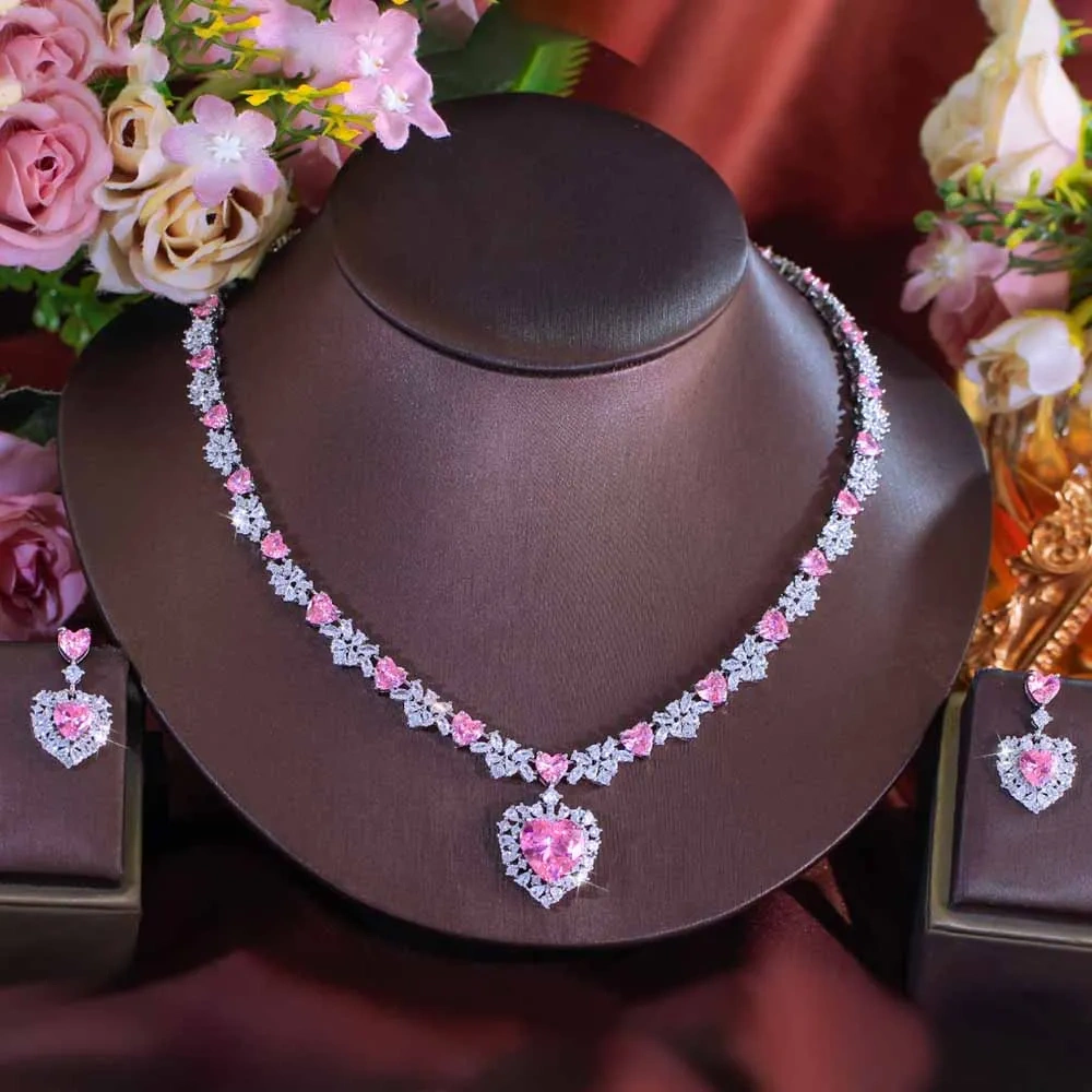 2-Piece Copper Jewelry Set Luxurious Romantic Pink Cubic Zirconia Heart Pendant Necklace Earrings Set Women's Wedding Party Banquet Jewelry