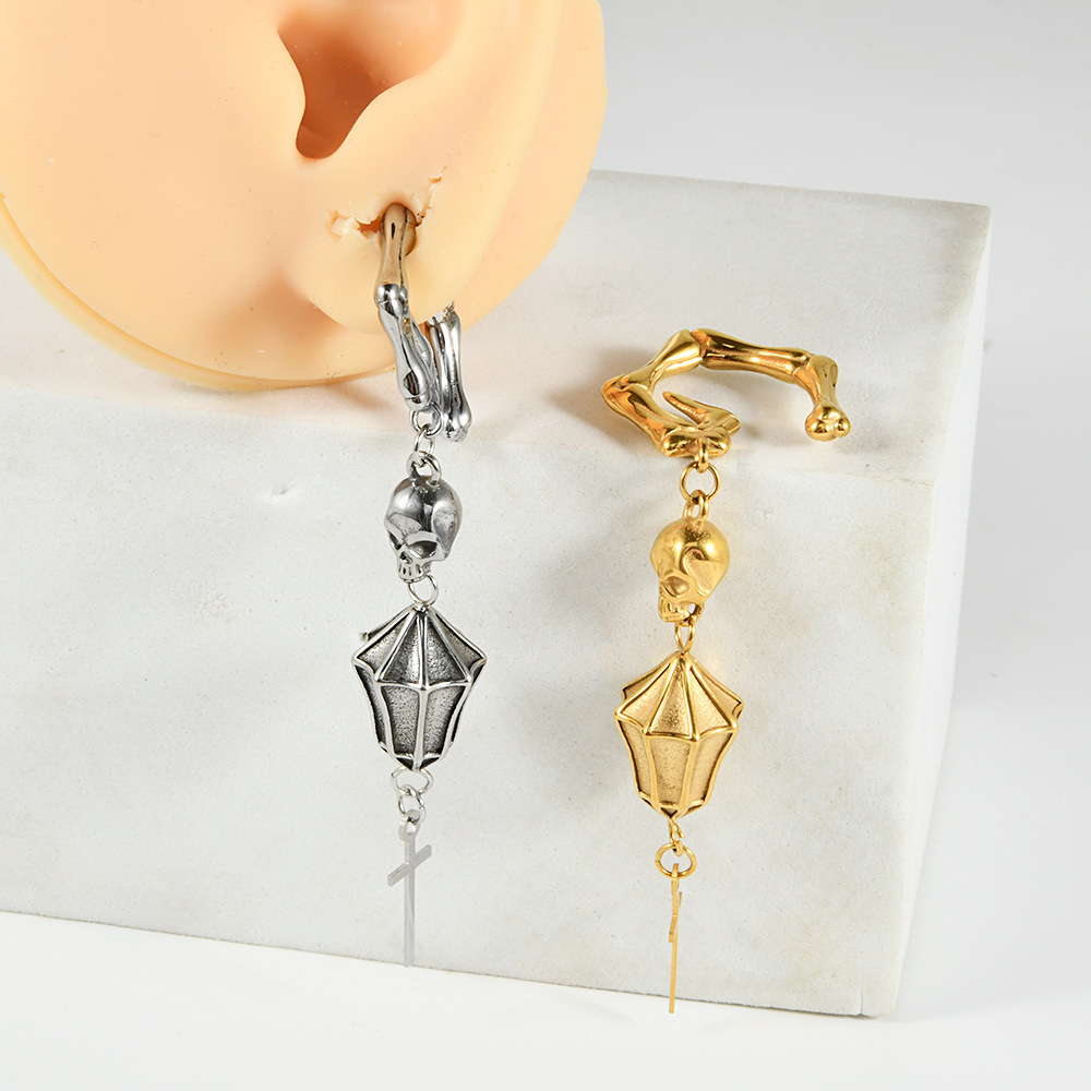 Golden Skull Pendant Stud Earrings Punk Style Pierced Cross Ear Jewelry Personalized Copper Earring Accessories