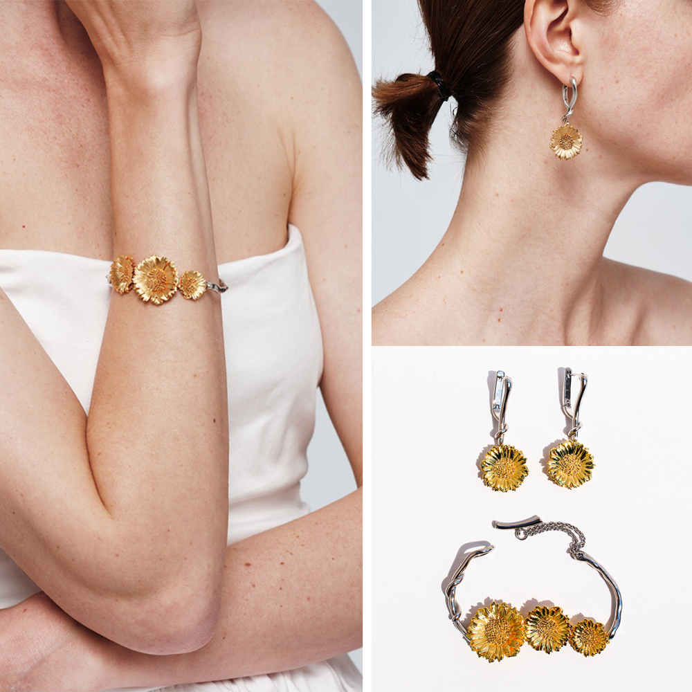 Elegant Daisy Art Embossed Bracelet And Earring Set For Women Golden 3D Petal Design Holiday Fashion Jewelry Accessories