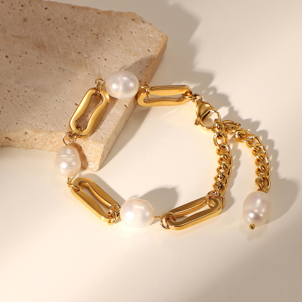 Electroplated (Including Color Retention Layer) Gold-Plated Geometric Pattern 304 Stainless Steel Pearl Bracelet Non-Fading European And American Style High-End Sensual Ins Style Jewelry Accessories