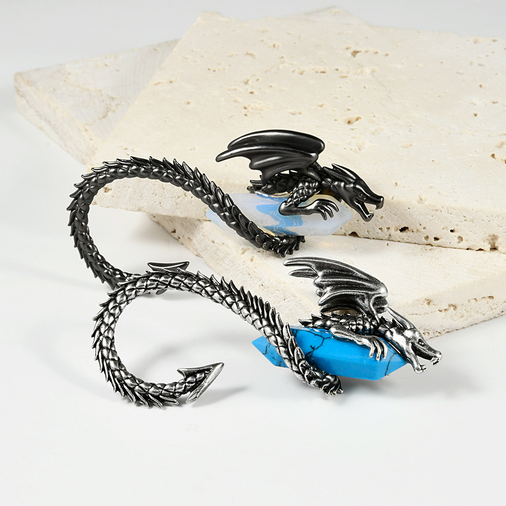 Antique Silver Rose Flower Ear Cuff Winged Dragon Blue Turquoise Dangling Earrings Pierced Copper Ear Jewelry Accessories