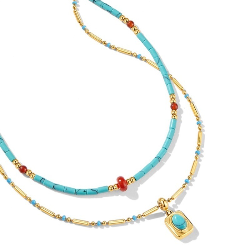 Three-layer Turquoise Bohemian Style Titanium Steel Collarbone Chain Necklace Women's Jewelry Accessories Heart Shape Geometric Pattern Design