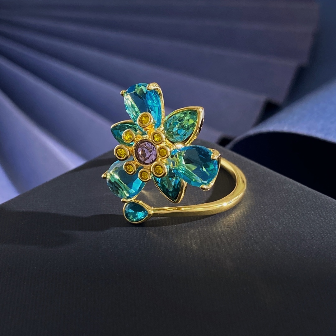 2025 New Crystal Colorful Flower Women's Earrings Elegant Sensation Small Design Daily Wear Adjustable Size Bronze Ring
