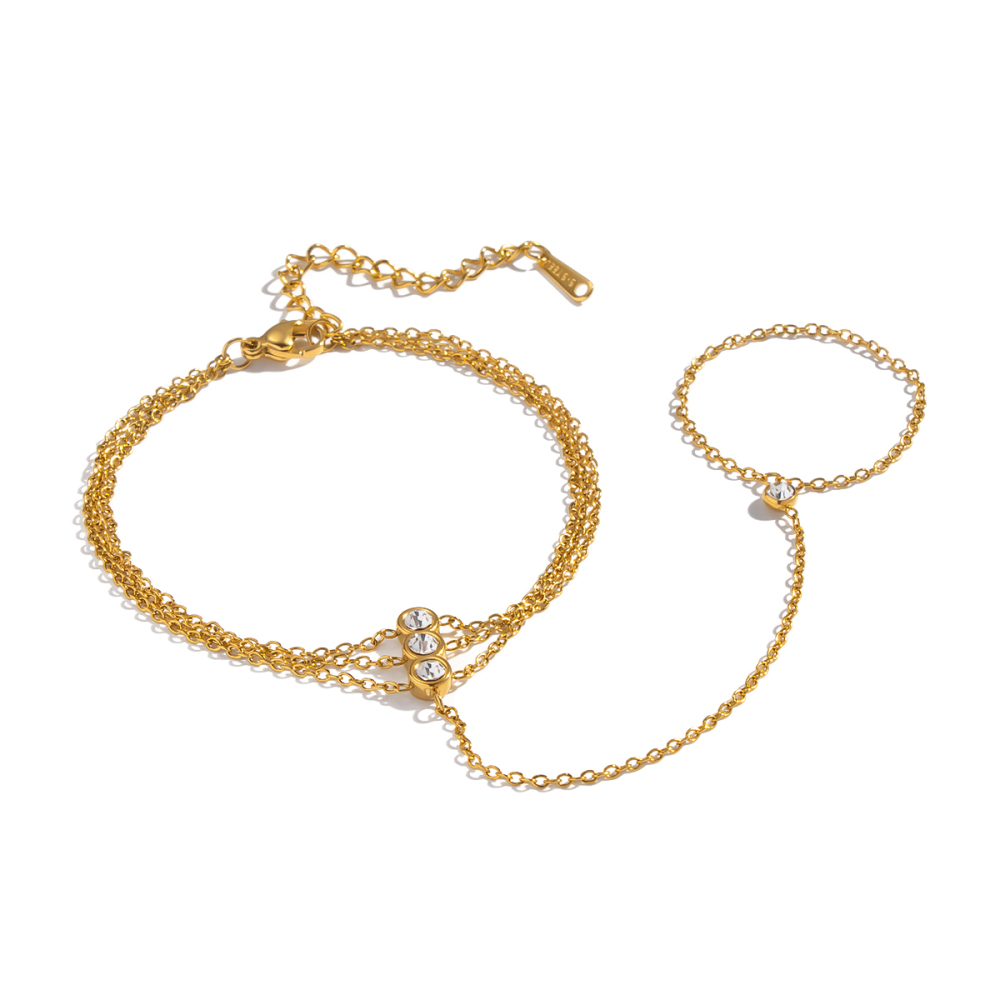Minimalist Chain Inlaid Zircon Finger Chain Bracelet High-Grade 304 Stainless Steel Jewelry Accessories Non-Fading Women's Geometric Handmade Chain Plated With 18K Real Gold Vacuum Electroplating (Fired In Furnace)