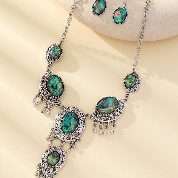 New Retro  Fashion Oval Flower Shape Abalone Shell Earrings Necklace Set Personalized Jewelry Accessories