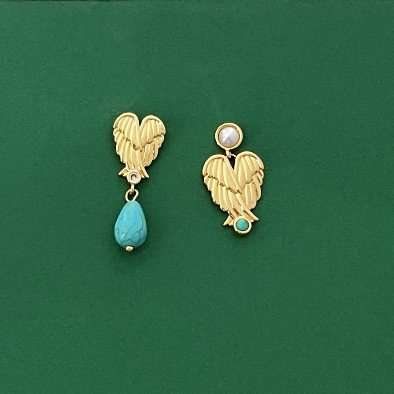 Fashionable Natural Stone Earrings Women's Asymmetric Heart Feather Wing Design Elegant Vintage Style Jewelry Accessories