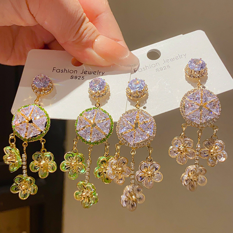 Fashionable French Vintage Silver Needle Zircon Flower Tassel Earrings Luxury Feelings Women's Jewelry Accessories