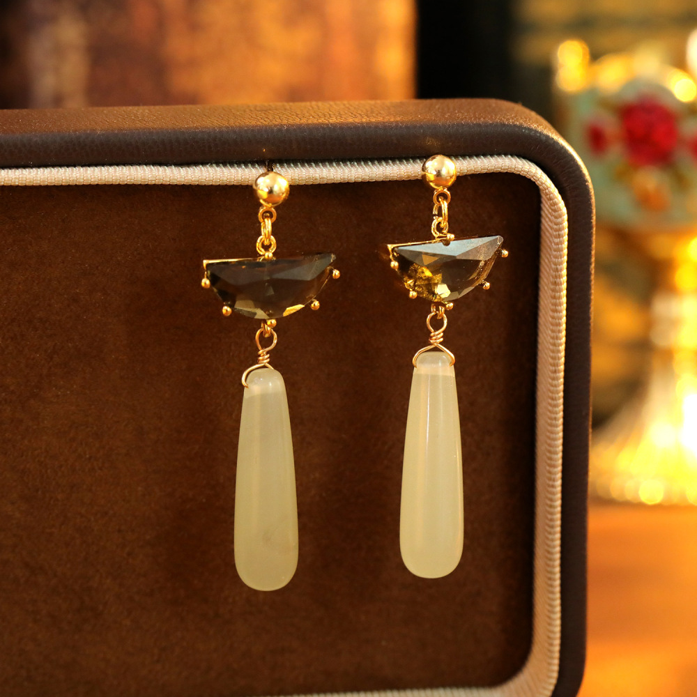 New Chinese Style Long Fan Shaped Agate Earrings Women's Fashion Autumn Winter Geometric Pattern Copper Jewelry Accessories