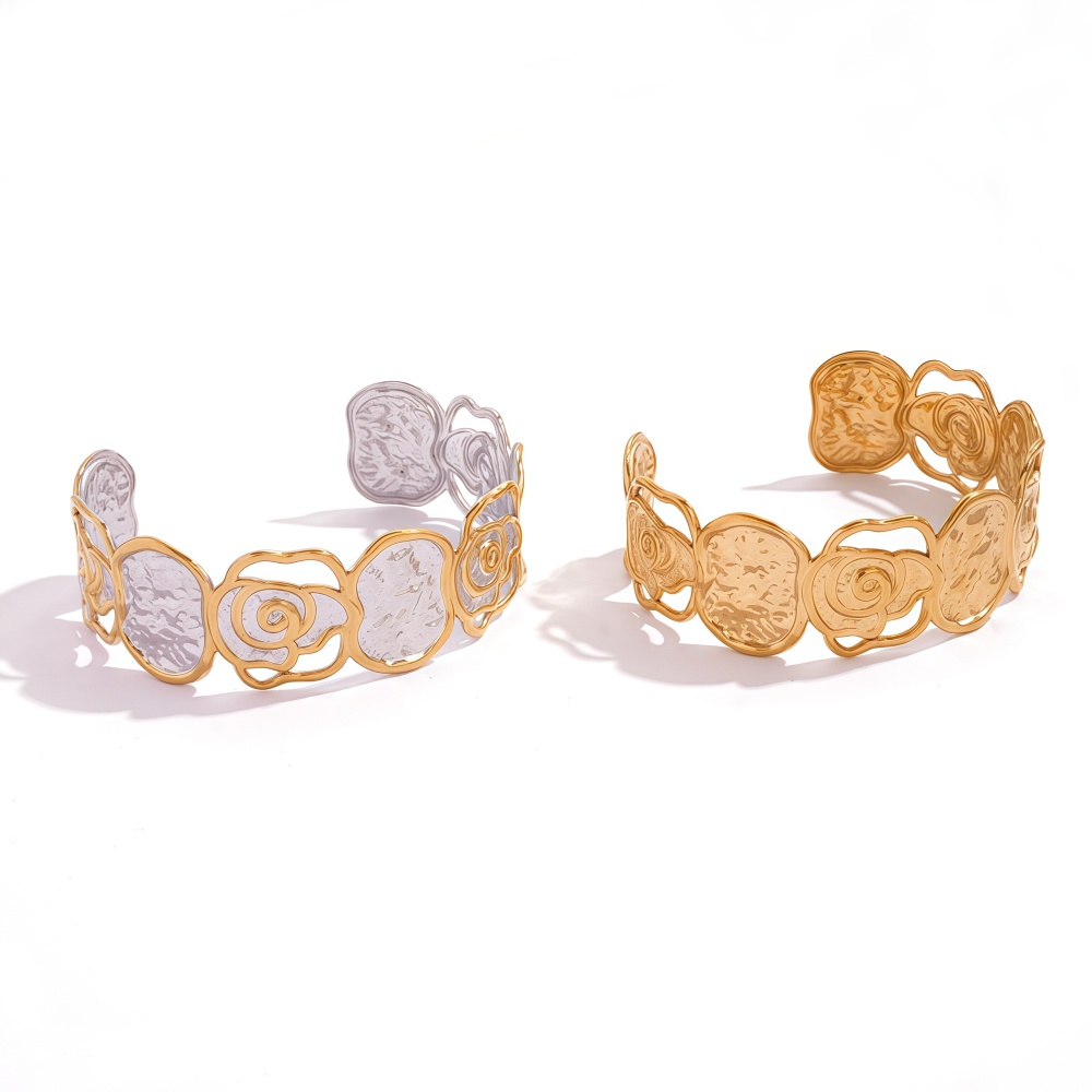 18K Gold Plated 304 Stainless Steel Vacuum Electroplating (In Furnace) Vintage Floral Rose Women's Bracelet Thick Jewelry Accessories Waterproof Non-Fading Asymmetric Three-Dimensional