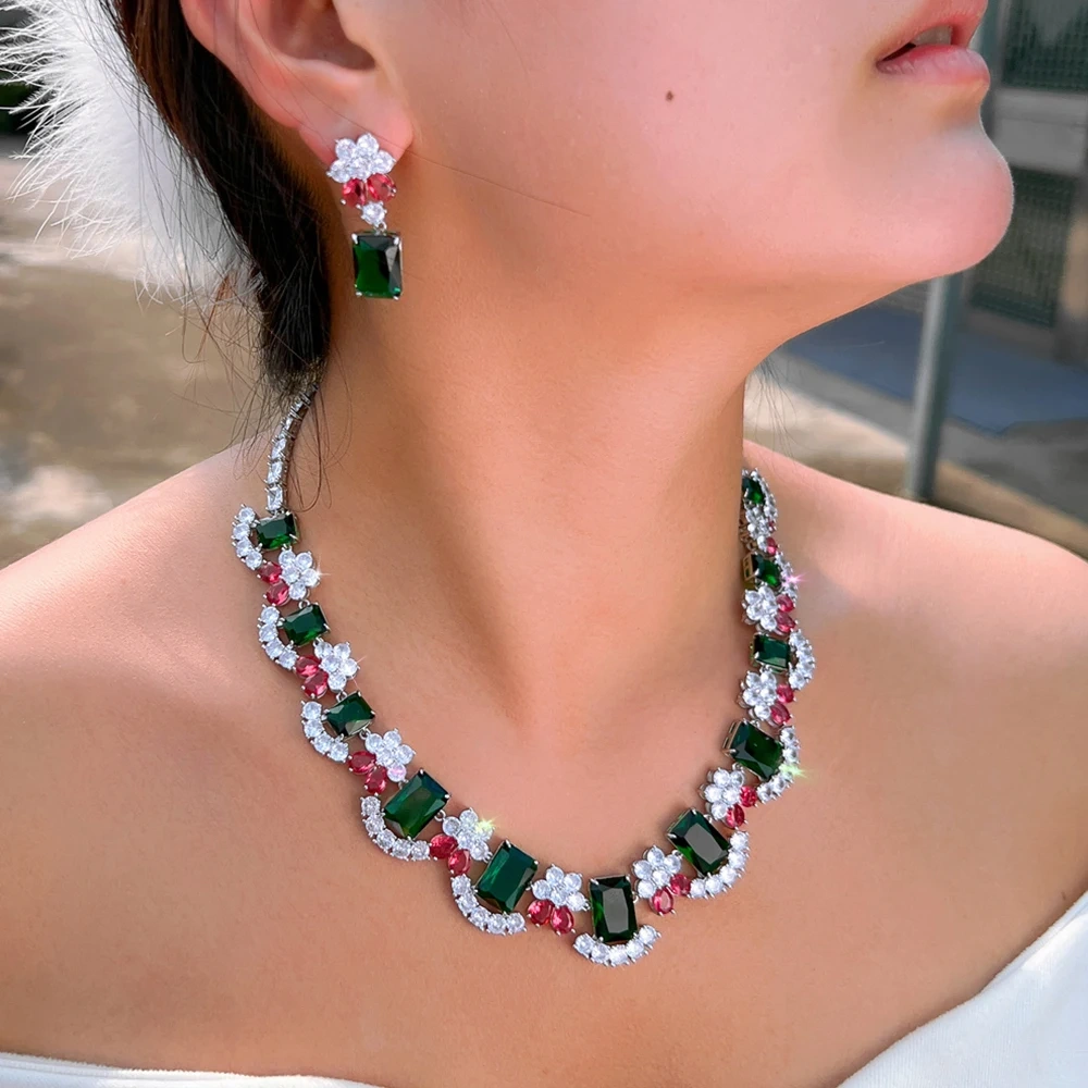 Two-Piece Copper Jewelry Set Vintage Multicolor Cubic Zirconia Luxurious Oversized Necklace And Earrings Set Suitable For Women Bridal Party Wedding Decoration Jewelry