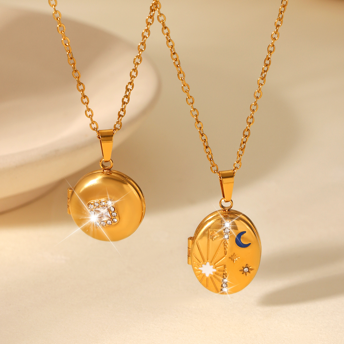 304 Stainless Steel Round PVD Coated Zircon 18K Real Gold Plated Modern Style Artistic Waterproof Non Tarnish Inlay Cable Chain Lobster Trigger Clasp Closure Gold Pendant Necklace