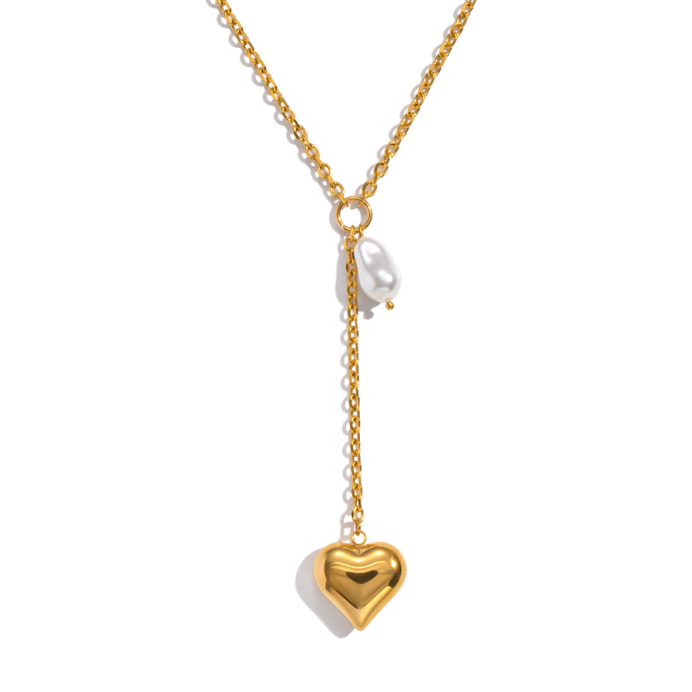 Personality Simple Baroque Imitation Pearl Heart Pendant Necklace Sweater Chain Light Luxury High-End Accessories Jewelry Vacuum Plating (Furnace)