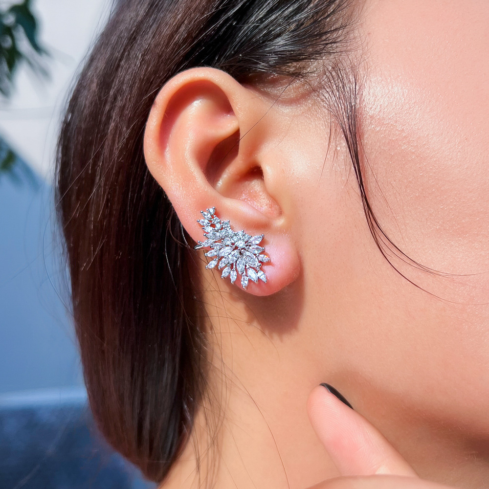 Graceful Angel Wing Shape Earrings For Women Full Zircon Rhombus Ear Clips Pair Copper Water Plated Rhodium Jewelry Accessories