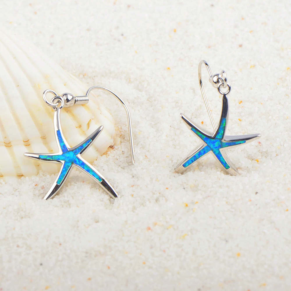 Blue Starfish Opal Hoops Women's Earrings Summer Vacation Style Geometric Pattern Copper Jewelry Accessories