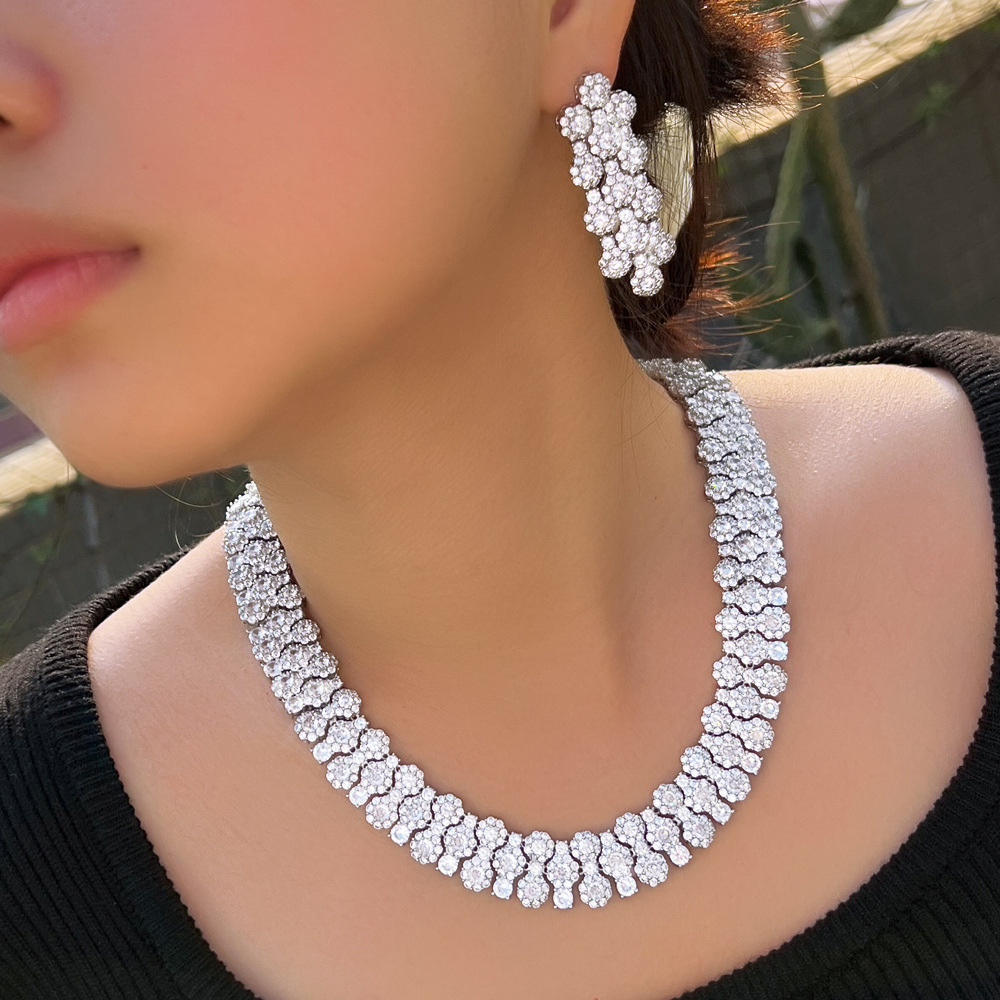 Copper Square Water Droplets Electroplating Zircon Palladium Plating Elegant Bridal Inlay Silver Jewelry Set