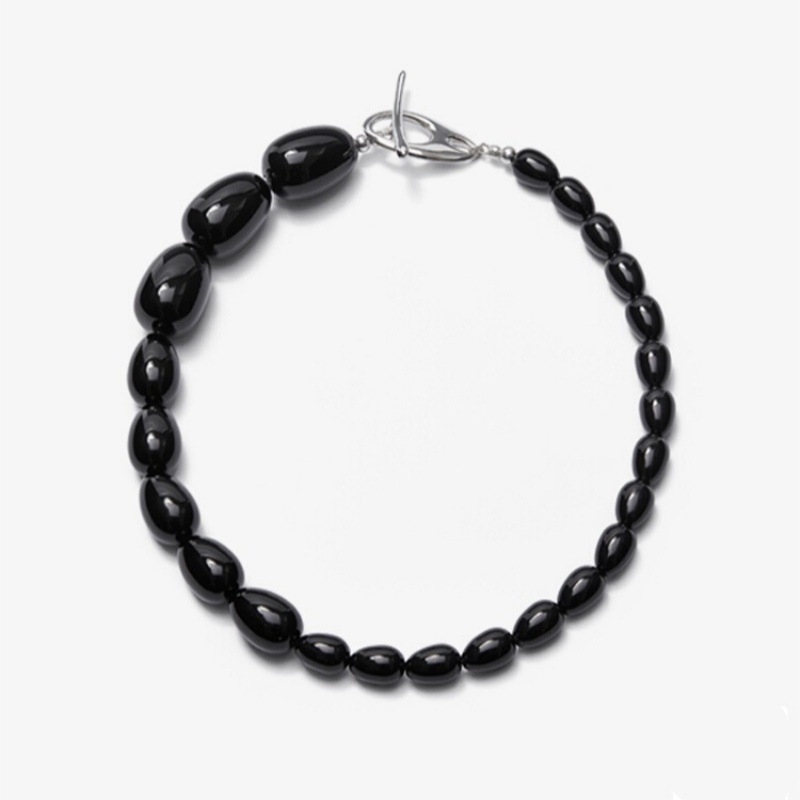 Zhu Yue'er Gradient Oval Black Onyx Beaded OT Clasp Sweater Chain Necklace Women's Jewelry Accessories Pendant Material