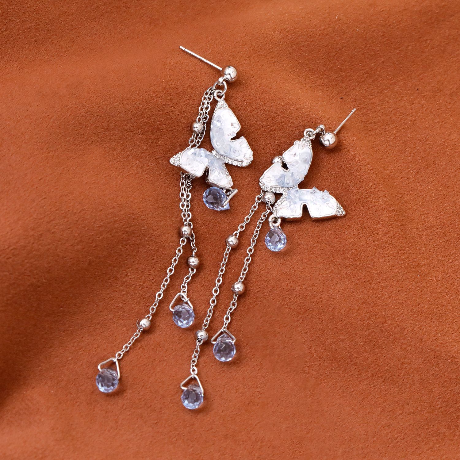 Luxurious Gradient Crystal Butterfly Waterdrop Tassel Earrings Fashion Sweet Personality Round Face Women's Jewelry Accessories