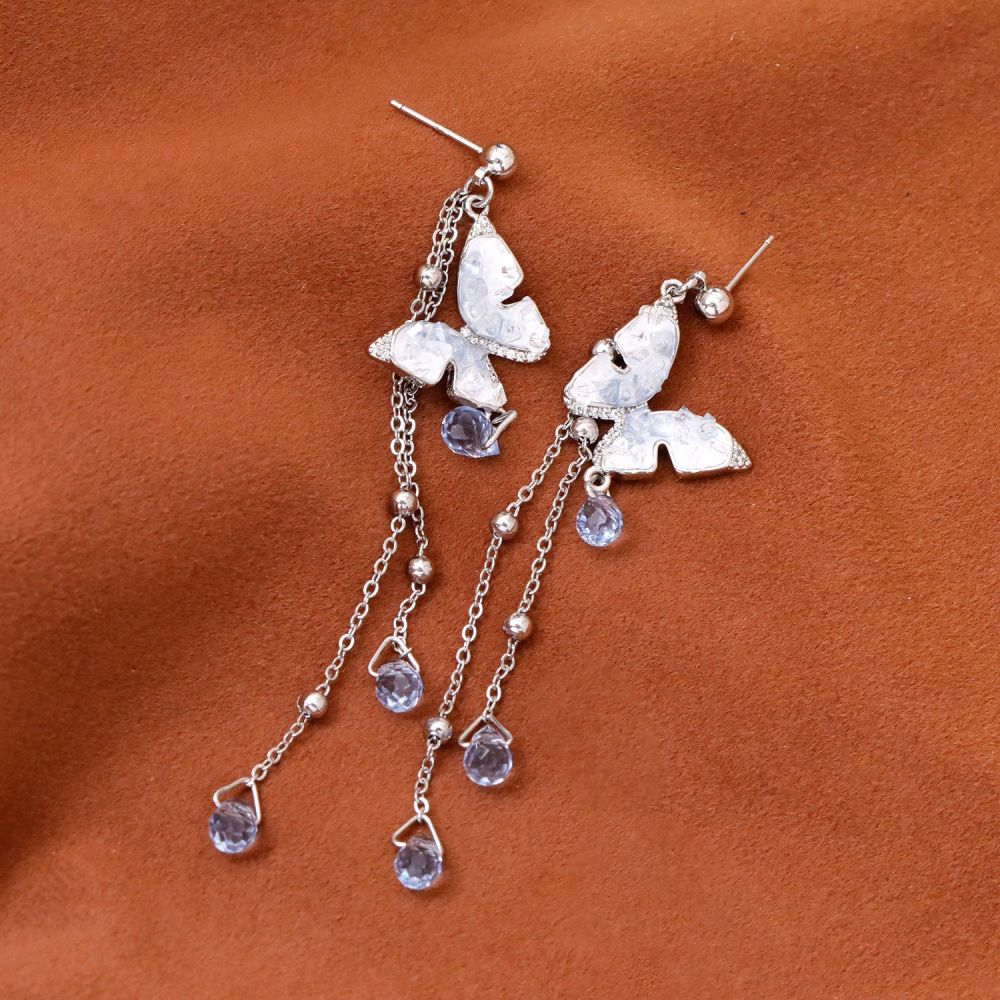 Luxurious Gradient Crystal Butterfly Waterdrop Tassel Earrings Fashion Sweet Personality Round Face Women's Jewelry Accessories