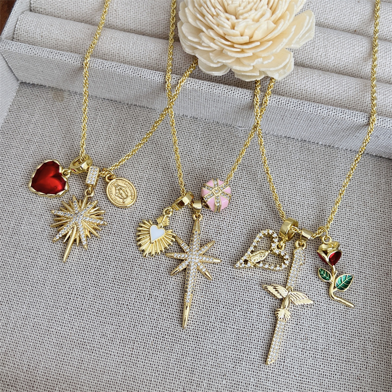 Wholesale Jewelry Retro Classic Style Cross Heart Shape Rose Copper Zircon 18K Gold Plated Multi Charms Necklace Twisted Rope Chain