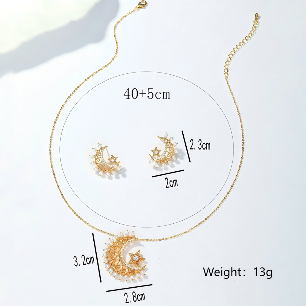 2-Piece Set Copper Inlaid Zircon Ramadan Middle Eastern Star Moon Hollow Flower Ethnic Style Niche Art Women's Earrings Pendant Suitable For Gift Wedding Engagement Banquet Jewelry Accessories