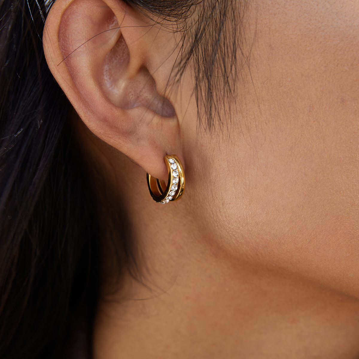 Women's Classic Style 18K Gold Stainless Steel + Zircon White Zircon Double Layer Hollow C Hoop Earrings Pair