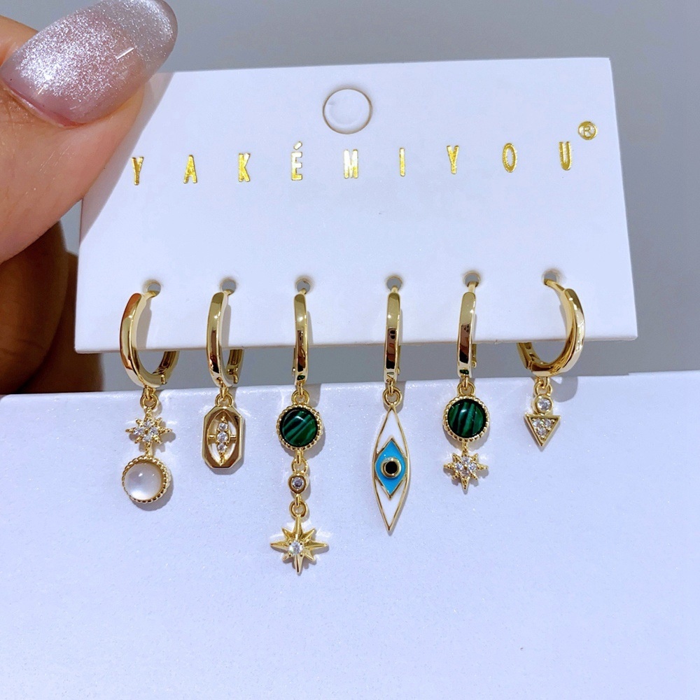 Turquoise Star Ear Clip Set Rose Gold Plated Copper Earrings Grid Women's Jewelry Accessories Six-Piece Set