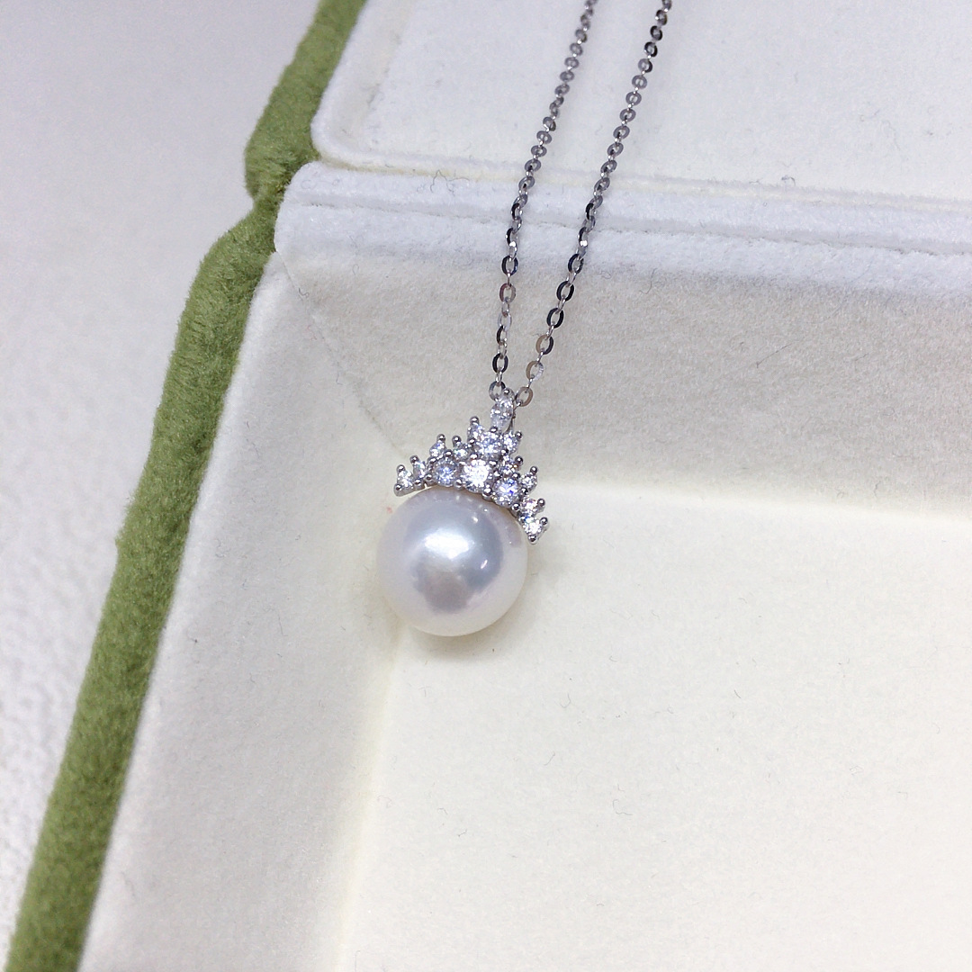 Natural Freshwater Pearl Necklace Single Bead Perfect Round Aurora Pearl Pendant S925 Sterling Silver Clavicle Chain Women's Style White