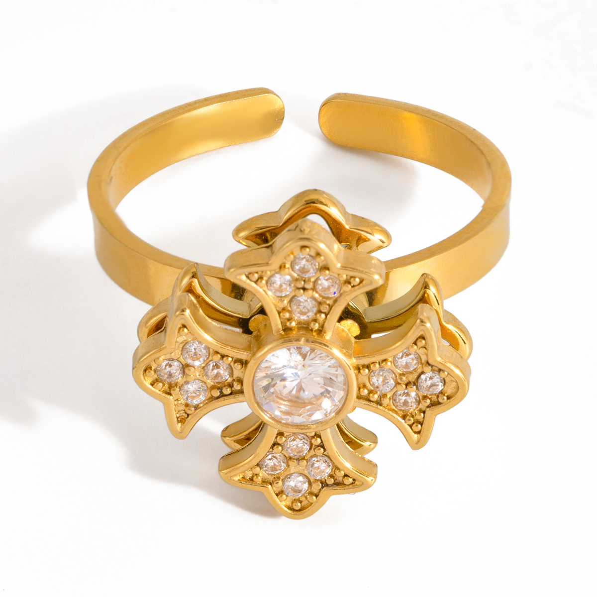 Women's Classic Style / 18K Gold 304 Stainless Steel With Rhinestone Flower Cross Rotatable Open Ring Geometric Asymmetric Mixed Color Vacuum Electroplated Zircon