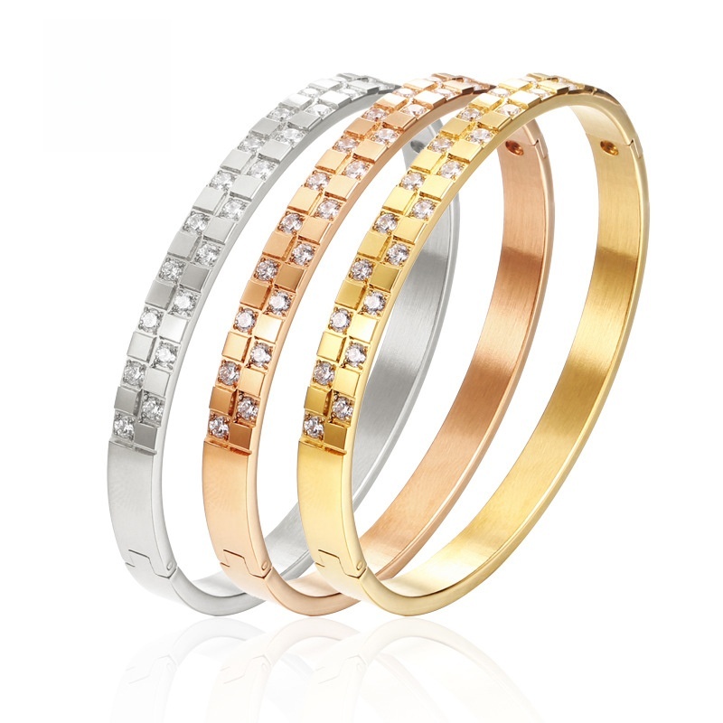 Titanium Steel Inlaid Diamond Wide Bracelet Square Grid Women's Accessories Rose Gold And Silver Black
