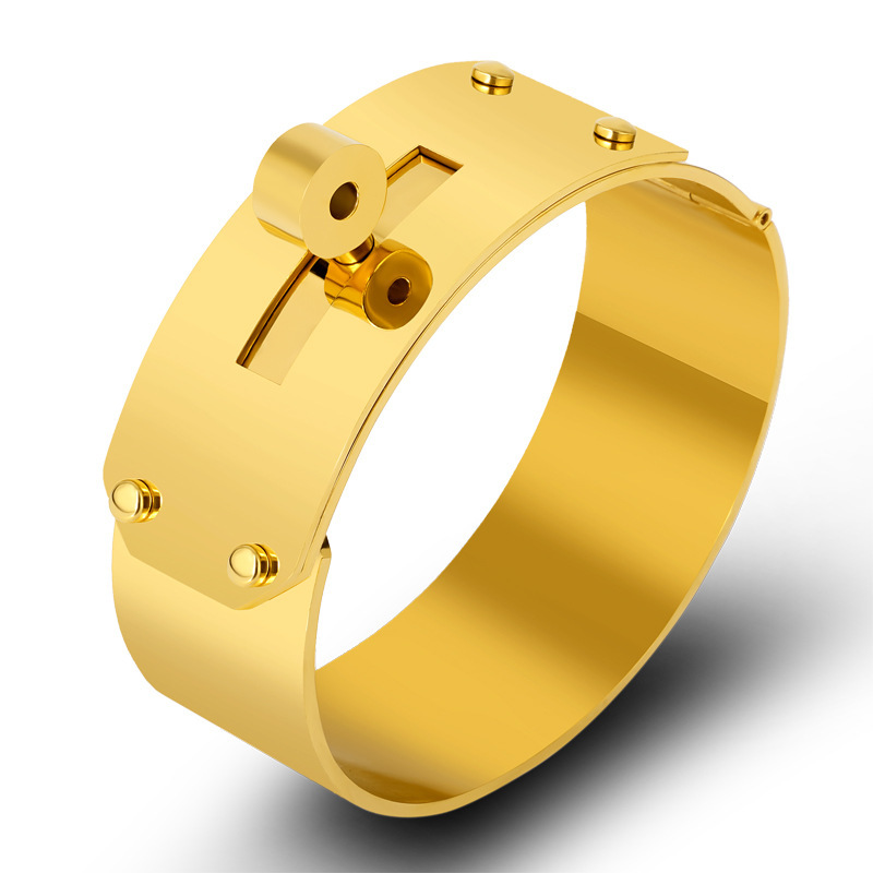 Fashionable Stainless Steel Bracelet Classic Wide 2.1cm Narrow 1.2cm Jewelry Geometric Pattern Vacuum Plated 18K Gold Gift