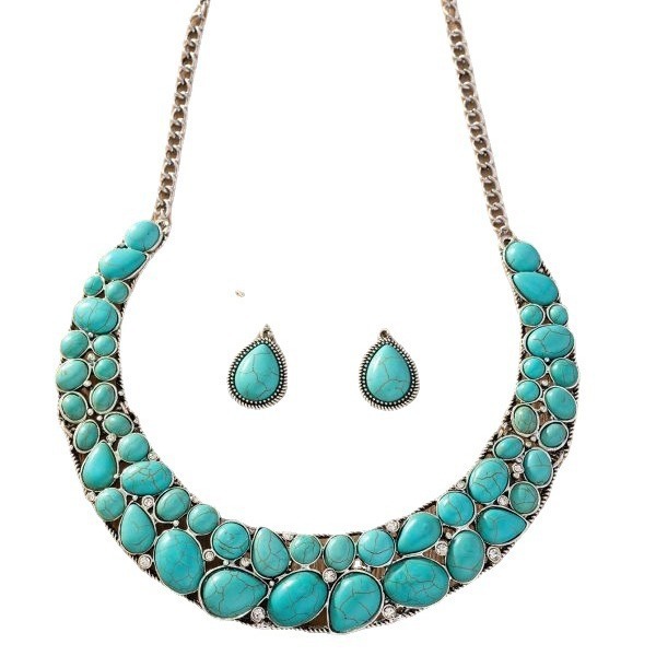 Vintage Western Style Necklace And Earring Set Green Turquoise White Gold Plated Water Drop Choker Bracelet European And American New Fashion Accessories