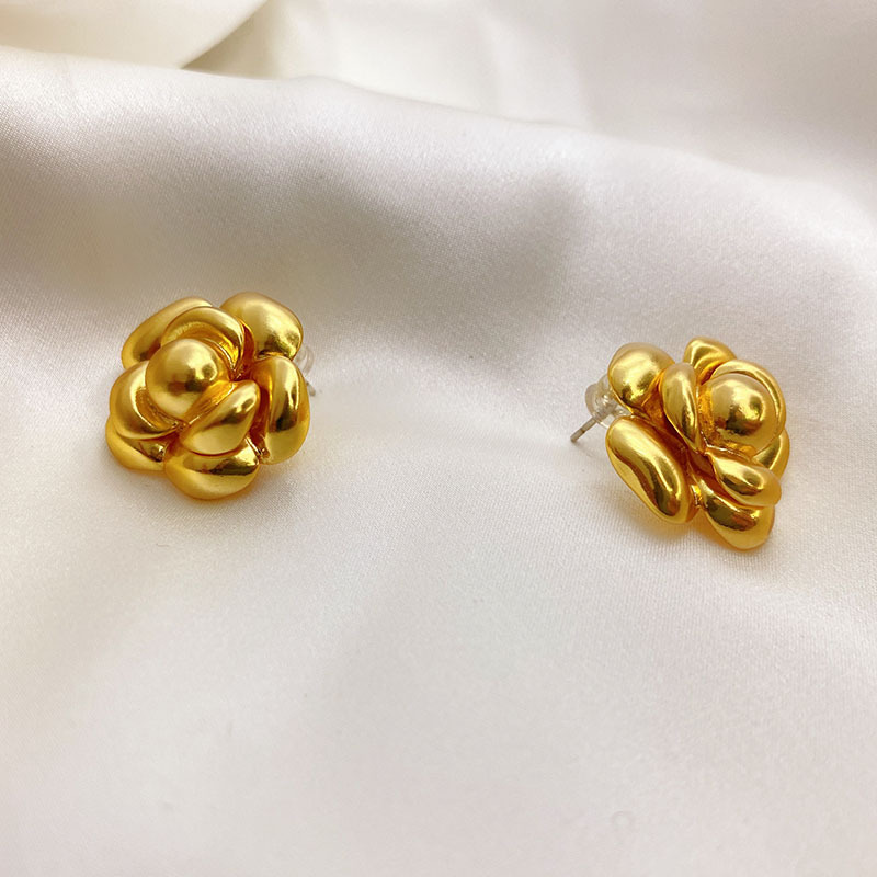 Fashionable Tea Rose Earrings Women's S925 Silver Needle Half-Matte Silver Color Floral Patterned Jewelry Accessories