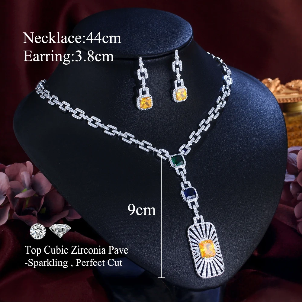 Copper Jewelry Two-Piece Set Women's Fashion Wedding Party Jewelry Luxurious Cubic Zirconia Cuban Link Long Bar Pendant Necklace Earrings Set