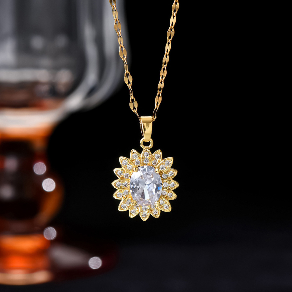 Women's Stainless Steel Necklace Floral Zircon Geometric Minimalist Luxury New Design Pendant Set Elegant Jewelry Accessories