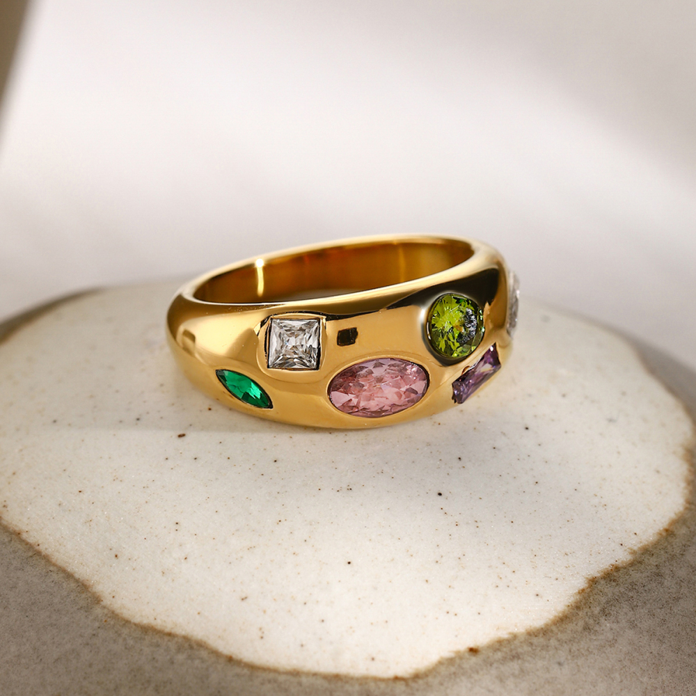 Real Gold Plated 304 Stainless Steel PVD Coated Zircon Color Block Waterproof Non Tarnish Plating Inlay Simple Style Classic Style Rings For Women's