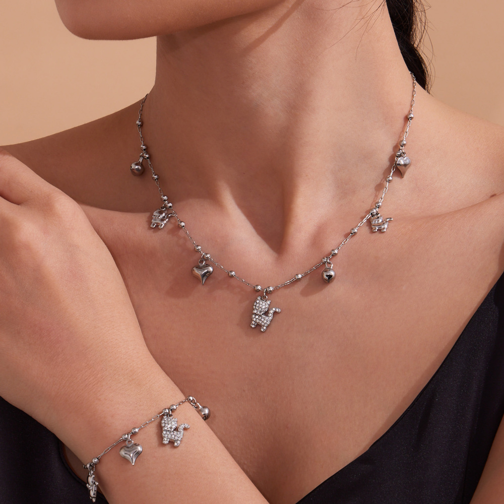 Stainless Steel Cat Zircon Necklace Bracelet DIY Multi Pendant Heart Bell Luxury Versatile Jewelry Accessories Elegant Romantic